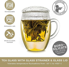 Creano Tea Glass with Infuser and Lid 400ml - Large Tea Cup - Microwave & Dishwasher Safe - Loose Leaf Tea Maker Gift Set