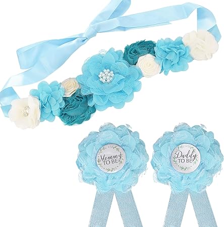 Maternity Sash and Corsage Pin Kit, Blue Baby Shower Decorations Corsage Pin and Flower Maternity Sash for New Mommy and Daddy Pregnancy Photo Props Supplies