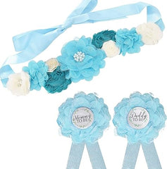 Maternity Sash and Corsage Pin Kit, Blue Baby Shower Decorations Corsage Pin and Flower Maternity Sash for New Mommy and Daddy Pregnancy Photo Props Supplies