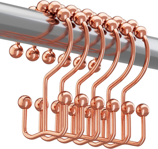 Titanker Shower Curtain Hooks Rings Rust Proof Metal Double Glide Shower Hooks Rings for Bathroom Shower Rods Curtains, Set of 12 Hooks - Rose Gold