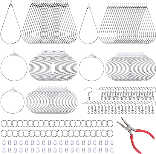 Inbagi 481 Pcs Earring Making Kit 120 Earring Hooks 120 Open Jump Rings 120 Earring Backs 120 Teardrop and Round Beading Hoop Earring Supplies Component for Jewelry Making DIY Craft (Silver)