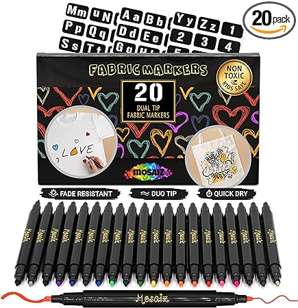 Mosaiz Dual Tip Fabric Markers, 20 Chisel and Fine Tip Markers Fabric Paint Pens for Fabric Decorating with Gold and Silver Colors including Numbers and Letter Stencils