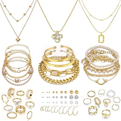 IFKM Juego de joyas chapado en oro de 36 piezas con 4 collares, 11 pulseras, 7 aretes, 14 anillos para nudillos para mujeres y niñas, regalo de amistad, cumpleaños, aniversario de San Valentín