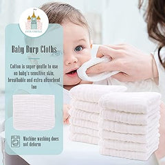 Cute Castle 12 Pack Muslin Burp Cloths for Baby - Ultra-Soft 100% Cotton Baby Washcloths - Large 20'' by 10'' Super Absorbent Milk Spit Up Rags - Burpy Cloths for Unisex, Boy, Girl - White