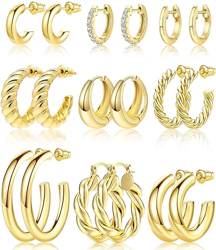 Adoyi Juego de 9 pares de aretes de aro de oro para mujer, aretes de aro trenzados en oro, chapados en oro de 14 quilates y 18 quilates, para regalo de niñas, livianos