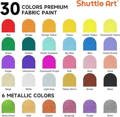 Fabric Paint, Shuttle Art 30 Colors Permanent Soft Fabric Paint in Bottles (60ml/2oz) with Brushes, Palette, Stencils, Non-Toxic Textile Paint for T-shirts, Shoes, Jeans, Bags, DIY Projects&Art Crafts