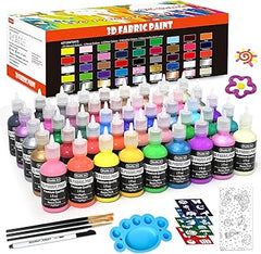 Shuttle Art Fabric Paint Set, 45 Colors 3D Permanent Paint with Brushes Palette Fabric Pen Fabric Sheet Stencils, Glow in The Dark, Glitter,Metallic Colors for Textile Fabric T-shirt Jeans Glass