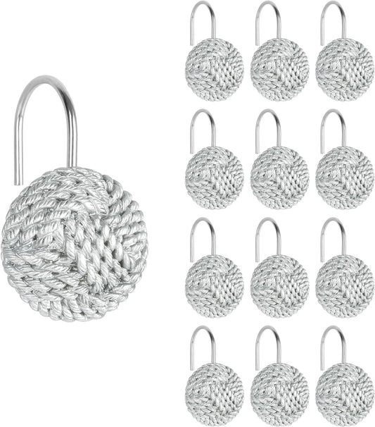 Sunlit Boho Knots Shower Curtain Hooks, Home Decorative Shower Curtain Rings for Bathroom, Seaside Nautical Shower Curtain Hangers Bathroom Accessories, Silver, Set of 12