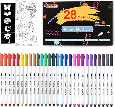 Shuttle Art 28 Colors Fabric Markers, Fabric Markers Permanent Markers for T-Shirts Clothes Sneakers Jeans with 11 Stencils 1 Fabric Sheet,Permanent Fabric Pens for Kids Adult Painting Writing