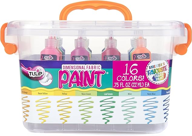 Tulip Dimensional Fabric Paint Big Box, Creative Party Kit, Includes Reusable Plastic Bin, Permanent 3D Paint for Fashion DIYs, Rock Painting, Arts & Crafts, Rainbow Colors, 16-Pack