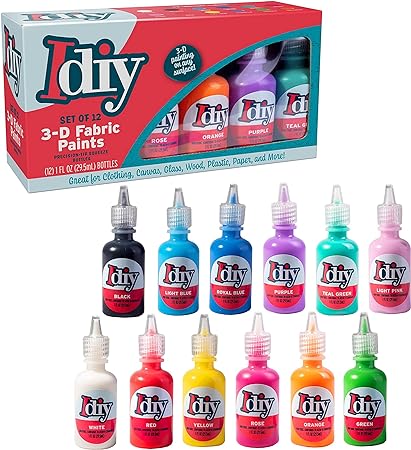 DIY Fabric Paints, Set of 12 Colors, (1oz bottles) Ultra Bright 3D Fabric Paint, Non-Toxic Water-Based and Permanent - Great Craft, Gift, Project - Decorate on Any Surface!