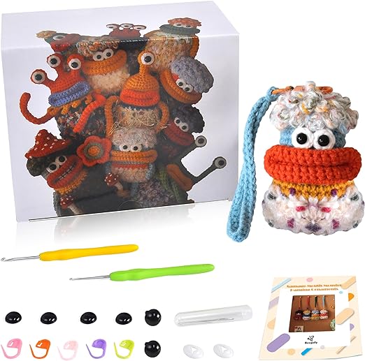 Beegofly Crochet Kits, Crochet Monsters Kit for Beginners,with Step-by-Step Video Tutorials,Handmade Gift,Mobil Phone Strap,Original Sausage Mouth Monster Hanging Ornaments (Orange)