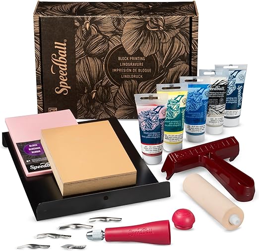 Speedball Deluxe Block Printing Kit - Includes Inks, Brayer, Bench Hook, Lino Handle and Cutters, Speedy-Carve Block, Mounted Linoleum Block