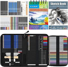 KALOUR 76pc Art Supply Set - Sketching & Drawing Kit with Tutorial Book, Sketchbook & Paper - Pencils, Pastels, Watercolors for Beginner Artists