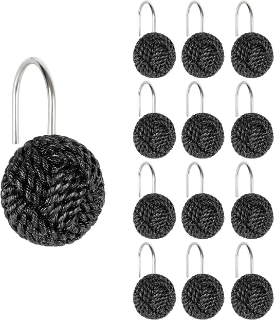 Sunlit Boho Knots Shower Curtain Hooks, Home Decorative Shower Curtain Rings for Bathroom, Seaside Nautical Shower Curtain Hangers Bathroom Accessories, Set of 12, Black