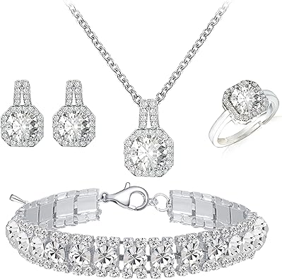 4-teiliges Hochzeits-Schmuckset mit kubischem Zirkon für die Braut und Brautjungfer, mit Anhänger, Halskette, Ohrringen, Glieder-Tennis-Armband, offenem Ring-Set für Frauen, Geburtstag/Valentinstag/Muttertag/Weihnachten