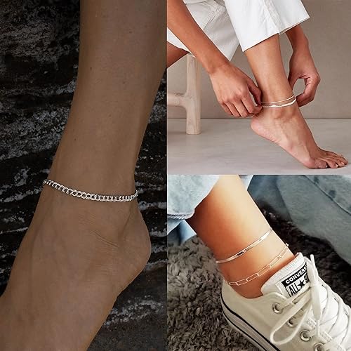 Valentines Day Gifts for Her,AOZEL Ankle Bracelet for Women 14K Real Gold Plated/Sterling Silver Plated Anklet Bracelets for Women Waterproof Cuban Link Chain Anklets Set for Women Summer Jewelry for Women 9"+2"