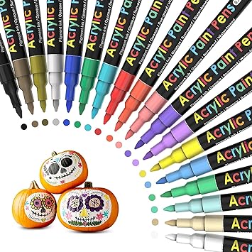 Acrylic Paint Pens Paint Markers Set of 18: Fine Point for Rock Painting Glass Wood Ceramic Fabric Metal Canvas Easter Eggs Pumpkin Kit, Drawing Art Crafts for Adults Scrapbooking Supplies