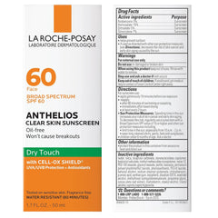 La Roche-Posay Anthelios Clear Skin Dry Touch Protector solar SPF 60, protector solar facial sin aceite para pieles propensas al acné, no causa brotes 