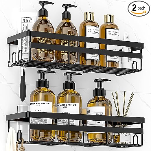 WOWBOX Adhesive Shower Caddy Shelf, 2 Pack - Hanging Bathroom Organizer, No Drilling Stainless Black Shelves for Storage & Home Decor