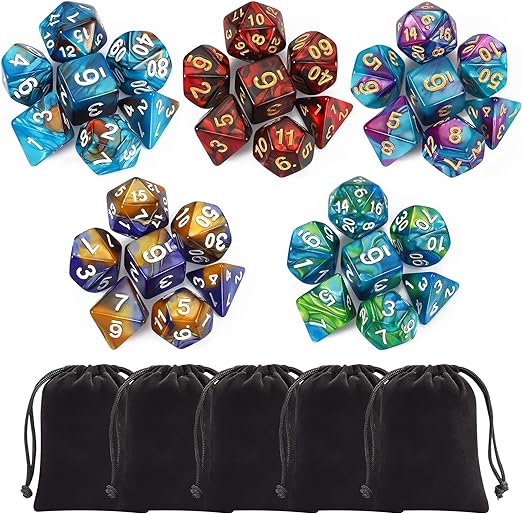 CiaraQ Juego de dados poliédricos (35 piezas) con bolsas negras, 5 juegos completos de dados de doble color de D4 D6 D8 D10 D% D12 D20 compatible con juegos de mesa DND RPG MTG de mazmorras y dragones 