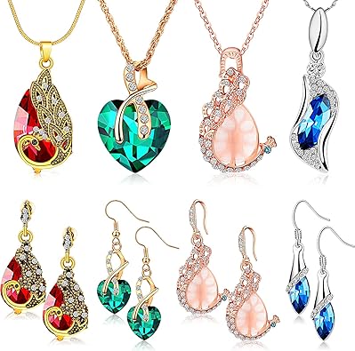 MTLEE 4 Sets Pfauenschmuck für Frauen, Valentinstagsgeschenke, Kristall-Halsketten-Ohrringe, Strass-Wassertropfen-Anhänger, Herz-Charm-Haken-Ohrringe für Geburtstagsfeier-Geschenke