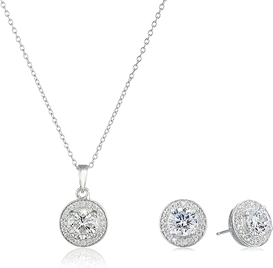 Amazon Essentials Damen-Schmuckset aus Sterlingsilber mit Halo-Anhänger, Halskette und Ohrsteckern aus Sterlingsilber (zuvor Amazon-Kollektion)