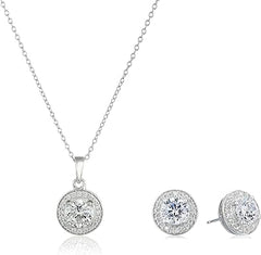 Amazon Essentials Damen-Schmuckset aus Sterlingsilber mit Halo-Anhänger, Halskette und Ohrsteckern aus Sterlingsilber (zuvor Amazon-Kollektion)