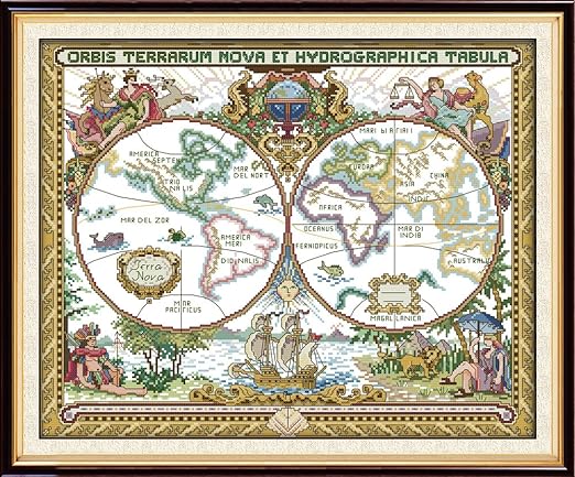 Joy Sunday 14CT Counted Cross Stitch Kits Cross-Stitch Pattern Old World Map with White Fabric DMC Fabric DIY Hand Needlework kit 20''x16.5''