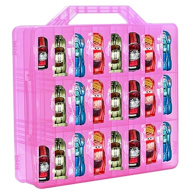 Bins & Things Toy Car Storage Organizer - Display Cases with 48 Compartments - Portable Matchbox Organizer - Transparent Storage Box for Small Items, Craft Supplies, Pills, Earrings - Pink