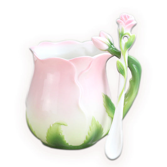 Ceramic Pink Tea Cup Coffee Mug Sets with Spoon Rose Shape Design For Women Gift, 10.8Oz