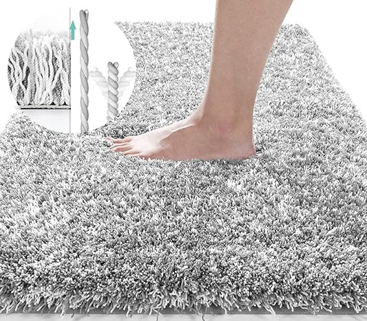 Yimobra Luxury Bathroom Rugs, Shaggy Bath Mats, Non Slip, Water Absorbent Microfiber, Machine Washable, Fluffy Plush Soft Shower Rugs, Thick Floor Mat, 17"x 24", Light Gray&White