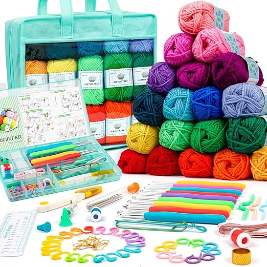 Inscraft Crochet Yarn Kit for Beginners Adults and Kids, Includes 1650 Yards 30 Colors Acrylic Skeins, User Manual, Hooks, Teal Bag etc, Make Amigurumi & Projects, Starter Set Professionals