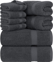 8-Piece Premium Towel Set, 2 Bath Towels, 2 Hand Towels, and 4 Wash Cloths, 600 GSM 100% Ring Spun Cotton Highly Absorbent Towels for Bathroom, Gym, Hotel, and Spa (Grey)