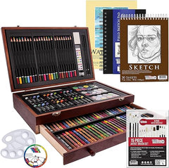 U.S. Art Supply 162-Piece Deluxe Mega Wood Box Art Painting and Drawing Set - Artist Painting Pad, 2 Sketch Pads, 24 Watercolor Paint Colors, 24 Oil Pastels, 24 Colored Pencils, 60 Crayons, 2 Brushes