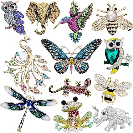 12-teiliges Damen-Broschen-Set, Strass-Kristall, Vintage-Stil, mit Kolibri, Eule, Elefant, Pfau, Biene, Brosche, Anstecknadel in Tierform, Schmetterlingsnadeln für Frauen und Mädchen, Weihnachtsgeschenke