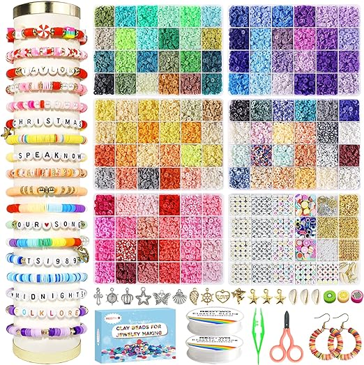 Redtwo 19,000pcs Friendship Bracelet Making Kit 120 Colors, 6 Boxes Flat Preppy Heishi Beads with Charms for Clay Beads Jewelry Making Kit, Craft Gifts for Girls Kids Teens