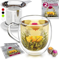 Teabloom Double-Wall Heatproof Glass Mug with Stainless Steel Infuser and White Lid – 15 OZ / 430 ML – 2 Blooming Teas Included