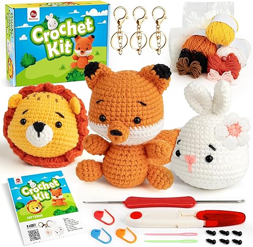 Mocoosy 3PCS Animal Crochet Kit for Beginners, Learn to Crochet Starter Kit for Kids Adults, Amigurumi Crochet Set with Step-by-Step Video Tutorials, DIY Knitting Supplies Include Yarn and Accessories