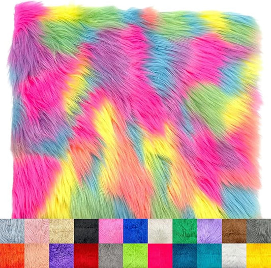 Ice Fabrics Faux Fur Fabric Squares - 10x10 Inches Pre-Cut Craft Fur Fabric - Shaggy Mohair Fabric for Costumes, Apparel, Rugs, Pillows, Decorations and More - Pastel Rainbow - 10"x10"