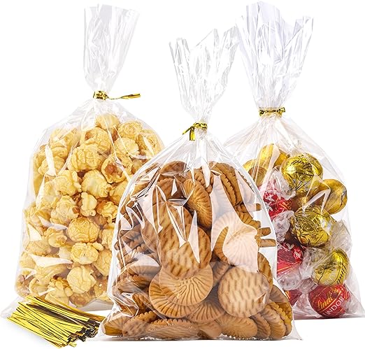 LOKIQNG Cellophane Treat Bags - Clear Cookie Candy Bags with Twist Ties for Party Favors (100PACK,6x10inch)