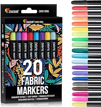 Zenacolor 20 Fabric Markers Pens Set - Non Toxic, Indelible and Permanent Fabric Paint Fine Point Textile Marker Pen