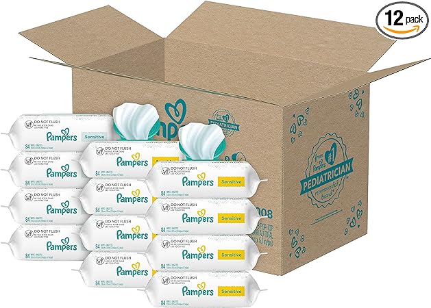 Pampers Sensitive Baby Wipes, Water Based, Hypoallergenic and Unscented, 8 Fip-Top Packs, 4 Refill Packs (1008 Wipes Total)