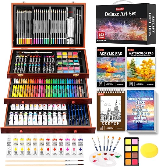 Soucolor Art Supplies, 192-Pack Deluxe Art Set Drawing Painting Supplies Art Kit with Acrylic Pad, Watercolor Pad, Sketch Book, Canvases, Acrylic Paint, Crayons, Pencils, Gifts for Artists Adults Kids