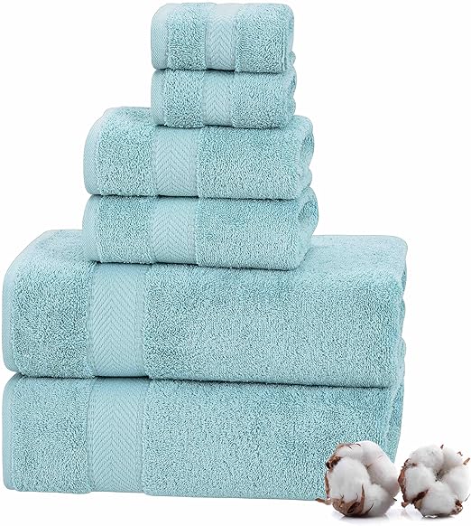 TEXTILOM 100% Turkish Cotton 6 Pcs Luxury Bath Towel Set, Soft & Absorbent Towels for Bathroom (2 Bath, 2 Hand, 2 Washcloths) - Aqua