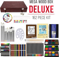 U.S. Art Supply 162-Piece Deluxe Mega Wood Box Art Painting and Drawing Set - Artist Painting Pad, 2 Sketch Pads, 24 Watercolor Paint Colors, 24 Oil Pastels, 24 Colored Pencils, 60 Crayons, 2 Brushes