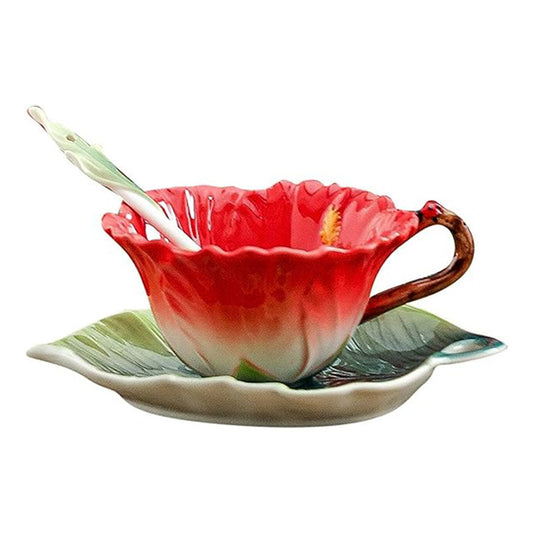 Hibiscus Flower Tea Cup and Saucer Set 6 Oz, Enamel Flower Porcelain Coffee Cup Saucer Set with Spoon for Women, Hand Crafted Tea Set