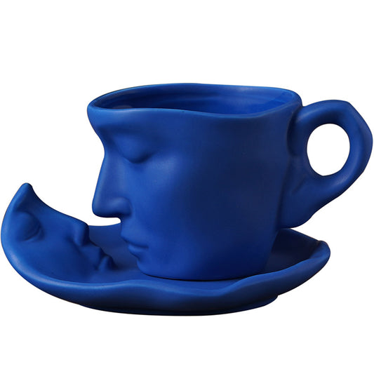 Kissing Couple Coffee Mug Set Ceramic 8 Oz, Kissing Face Tea Cup Saucer Set with Spoon, Blue