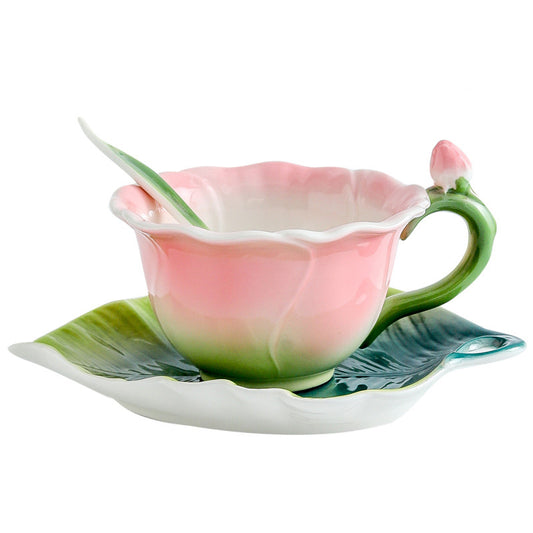 6 Oz Pink Rose Floral Teacup and Saucer Set for Valentine's Day, Mother's Day, Christmas Gift