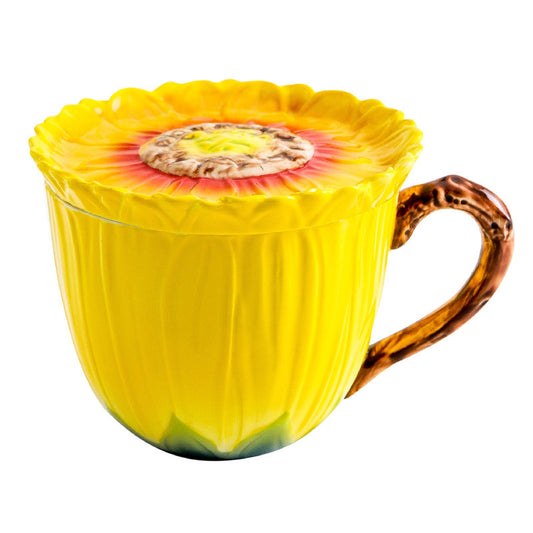 Sunflower Mug with Lid for Women 12.5 Oz Capacity, Enamel Floral Sunflower Ceramic Coffee Mug Gift for Birthday Mothers Day Anniversary